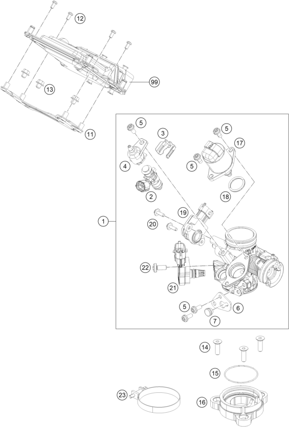 vue éclatée corps du clapet d'étranglement - ktm 200 duke orange abs bajdir 14 2014