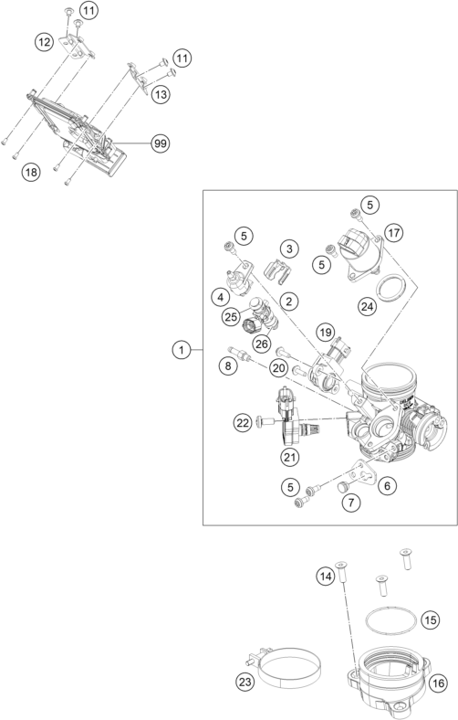 vue éclatée corps du clapet d'étranglement - ktm rc 390 white abs ckd 15 cn 2015