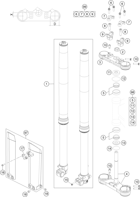 vue éclatée fourche téléscopique, té de fourche - ktm 85 sx 19/16 eu 2015