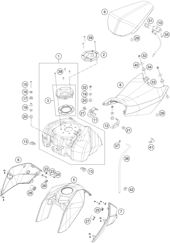 vue éclatée réservoir, selle - ktm 390 duke white abs ckd co 2015