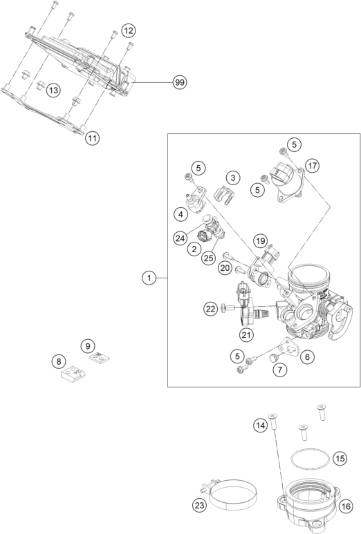 vue éclatée corps du clapet d'étranglement - ktm 390 duke white abs ckd co 2016
