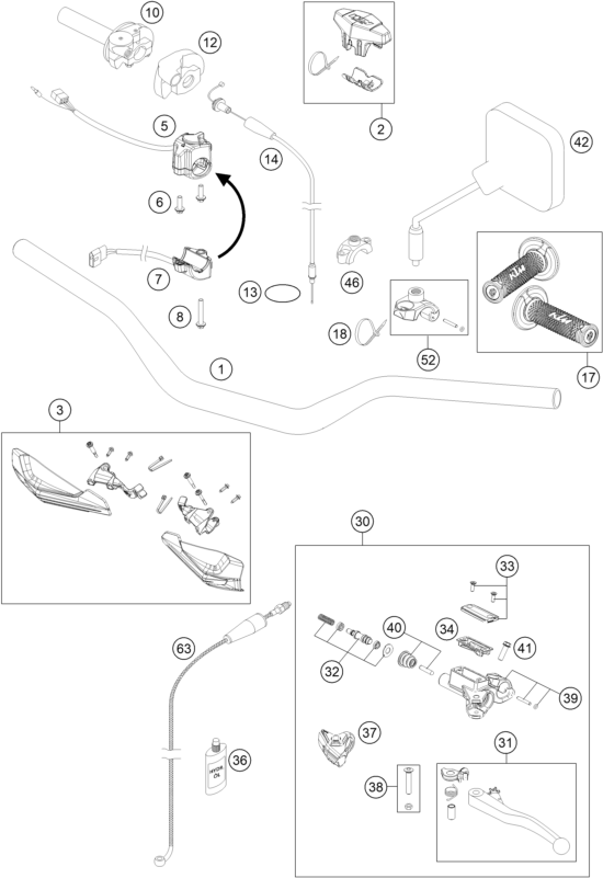 vue éclatée guidon, armatures - ktm 125 exc six-days eu 2015