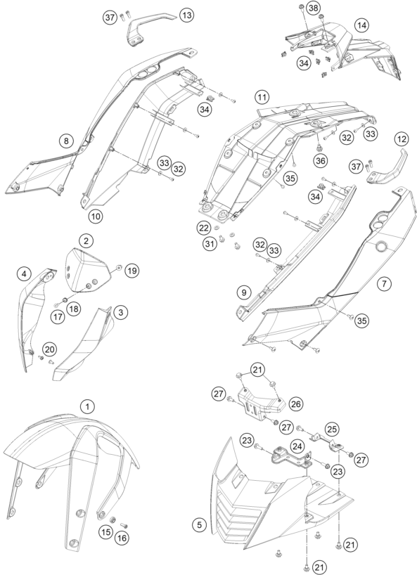 vue éclatée plaque, garde-boue - ktm 390 duke white abs ckd cn 2014