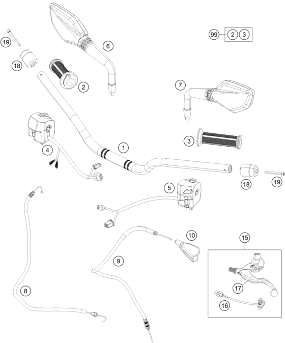 vue éclatée guidon, armatures - ktm 390 duke white abs ckd cn 2014