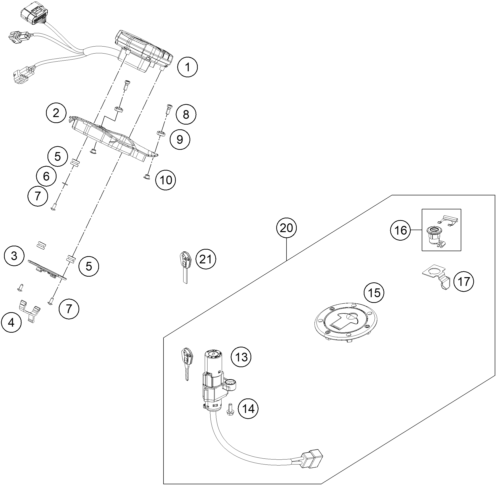 vue éclatée instruments / système de verrouillage - ktm 390 duke white abs ckd cn 2014