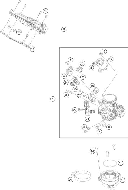 vue éclatée corps du clapet d'étranglement - ktm 390 duke white abs ckd cn 2014