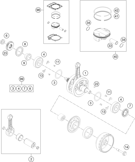 vue éclatée vilebrequin, piston - ktm 350 exc-f eu 2015