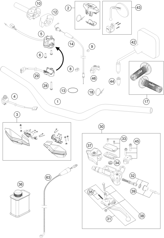 vue éclatée guidon, armatures - ktm 300 exc six-days eu 2015