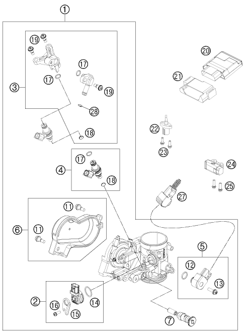 vue éclatée corps du clapet d'étranglement - ktm 250 exc-f au 2013