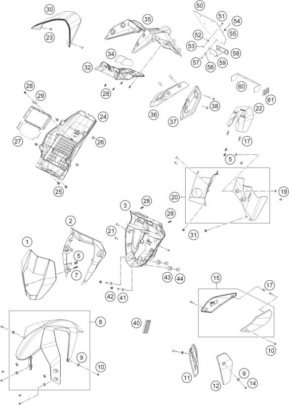 vue éclatée plaque, garde-boue - ktm 690 duke white abs cn 2015