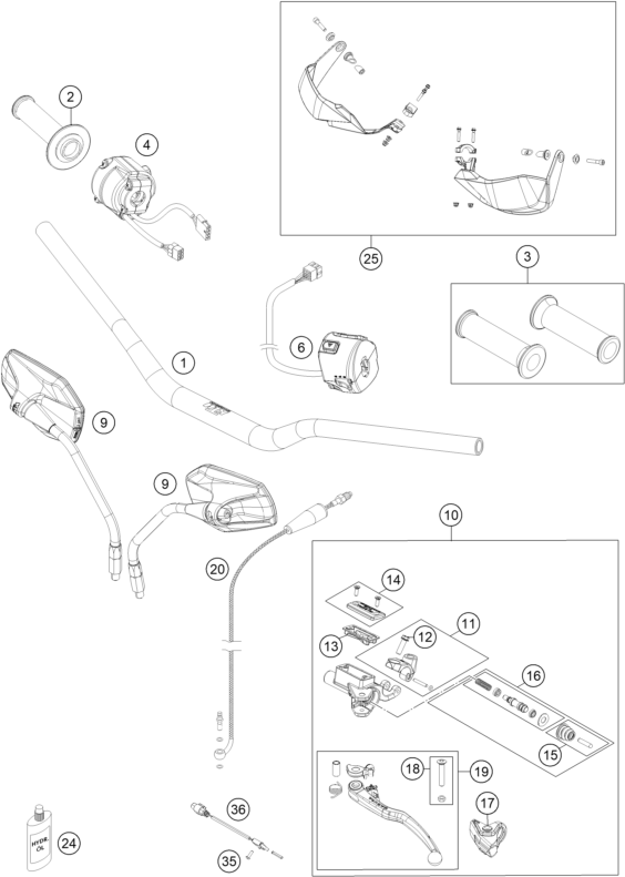 vue éclatée guidon, armatures - ktm 1190 adv. abs orange wes. eu 2013