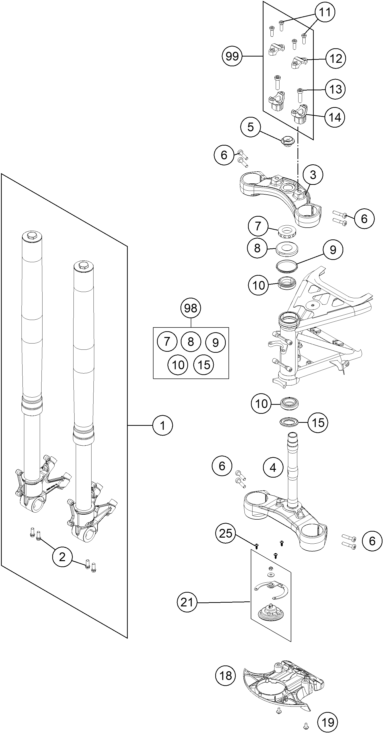 vue éclatée fourche téléscopique, té de fourche - ktm 1050 adventure abs eu 2015