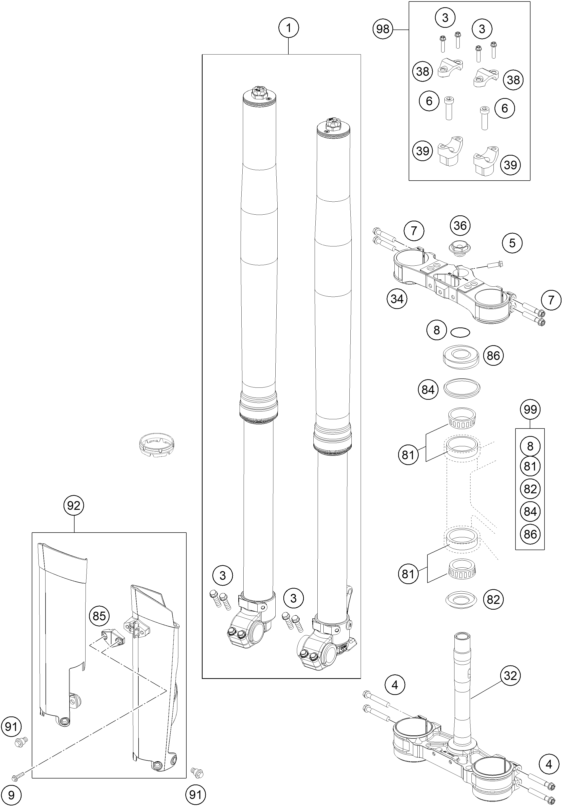 vue éclatée fourche téléscopique, té de fourche - ktm 125 exc factory edition eu 2015