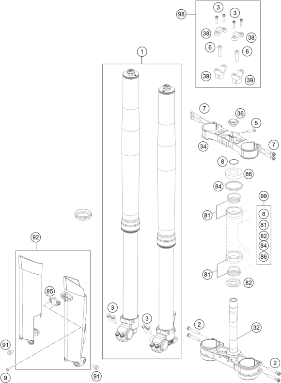 vue éclatée fourche téléscopique, té de fourche - ktm 300 exc factory edition eu 2015