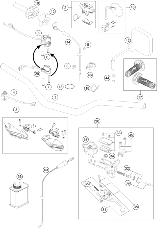 vue éclatée guidon, armatures - ktm 250 exc six-days eu 2016