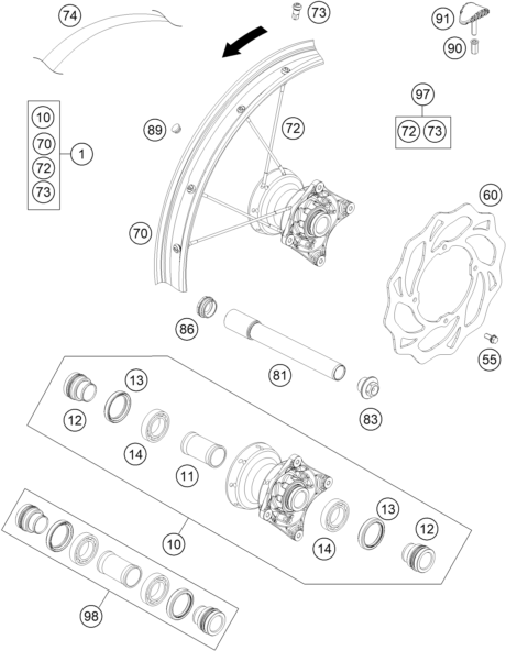 vue éclatée roue avant - ktm 85 sx 17/14 eu 2016