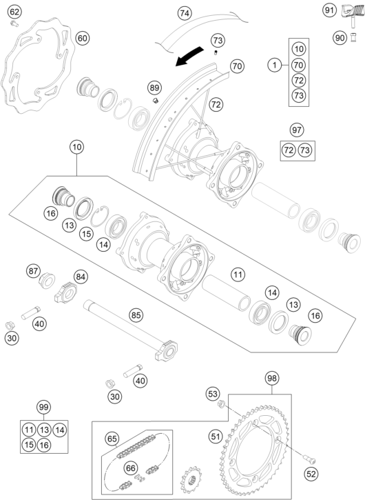 vue éclatée roue arrière - ktm 85 sx 19/16 eu 2016