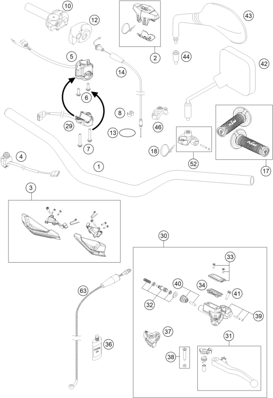 vue éclatée guidon, armatures - ktm 200 exc eu 2016