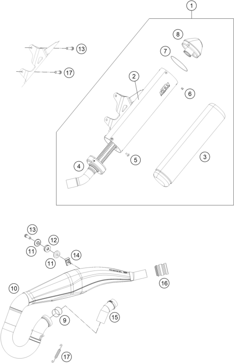 vue éclatée système d'echappement - ktm freeride 250 r au 2016