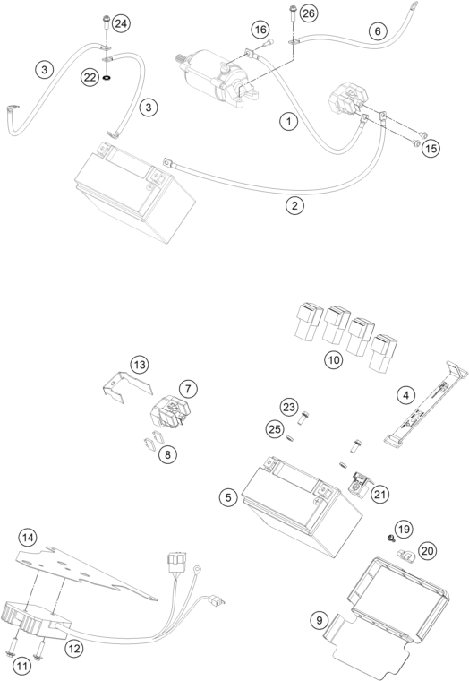 vue éclatée batterie - ktm 690 duke white abs eu 2016