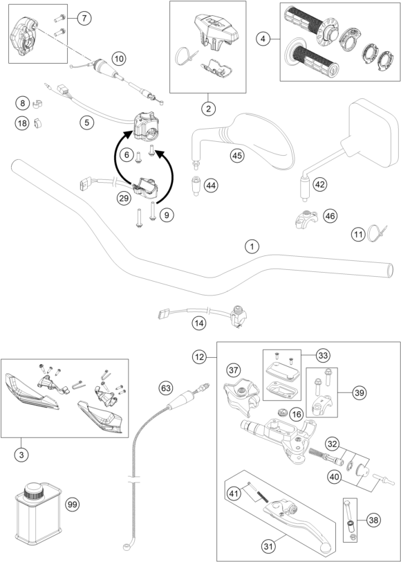 vue éclatée guidon, armatures - ktm 250 exc eu 2017