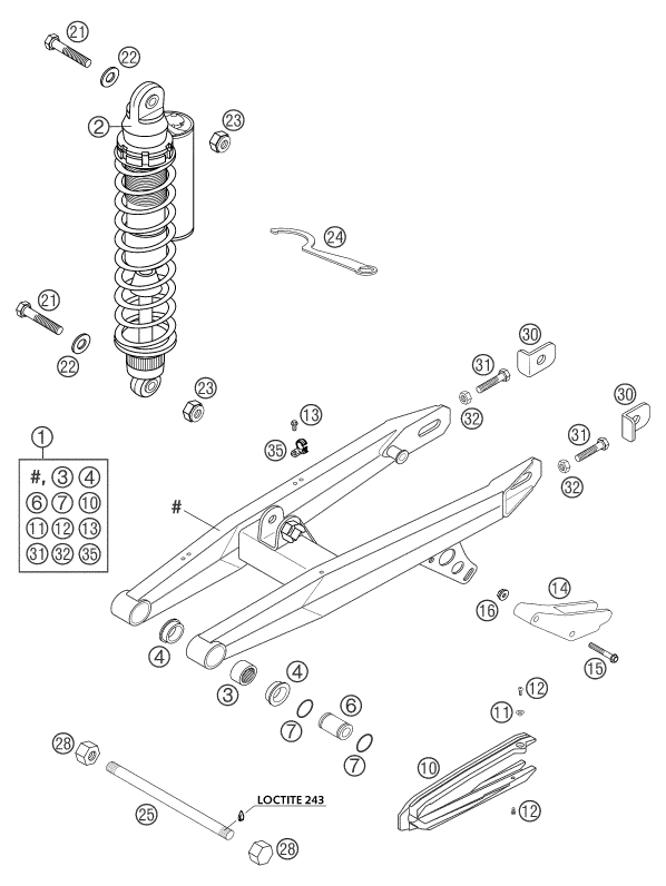 vue éclatée bras oscillant - ktm 65 sx eu 2004
