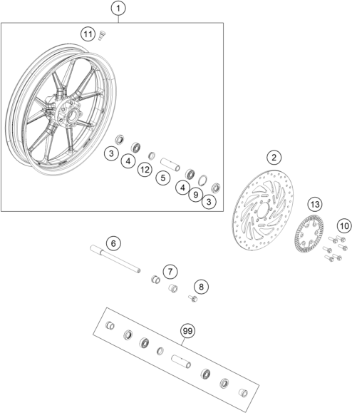 vue éclatée roue avant - ktm rc 250 white abs ckd 16 th 2016