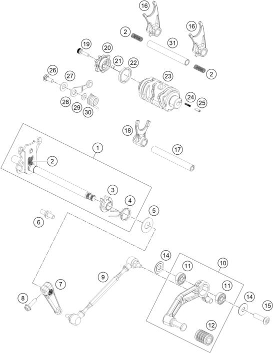 vue éclatée mécanisme de sélection - ktm rc 250 white abs ckd 16 th 2016