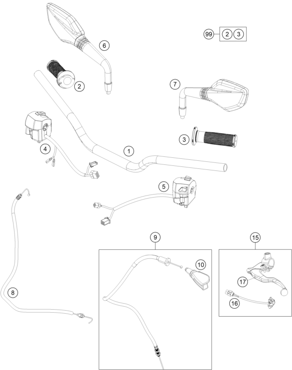 vue éclatée guidon, armatures - ktm 125 duke white abs eu 2016