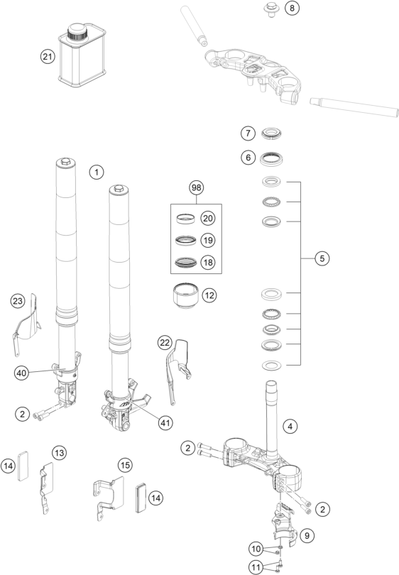 vue éclatée fourche téléscopique, té de fourche - ktm rc 390 white abs ckd 16 cn 2016