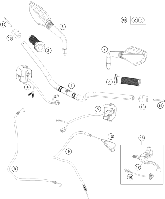 vue éclatée guidon, armatures - ktm 390 duke bl. abs eu 2016