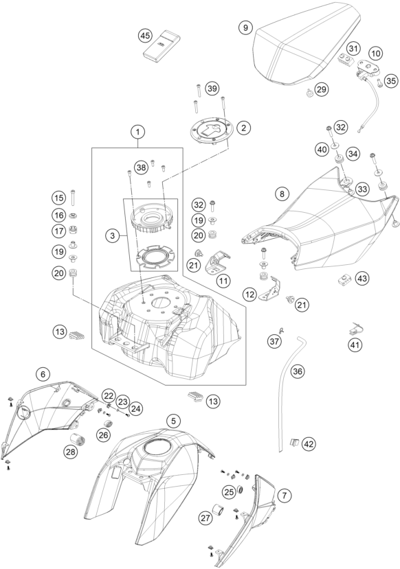 vue éclatée réservoir, selle - ktm 390 duke bl. abs ckd 16 th 2016