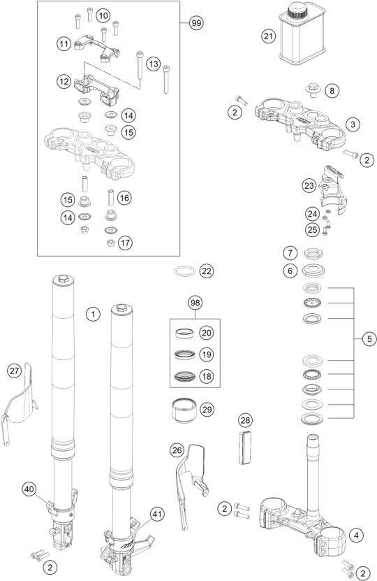 vue éclatée fourche téléscopique, té de fourche - ktm 390 duke white abs ckd cn 2016