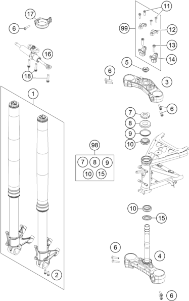 vue éclatée fourche téléscopique, té de fourche - ktm 1290 super adventure wh abs 16 cn 2016