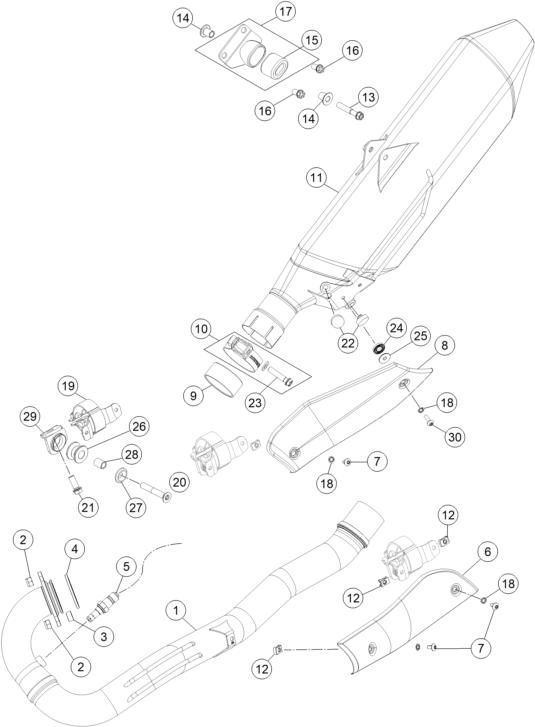 vue éclatée système d'echappement - ktm 690 enduro r abs au 2016
