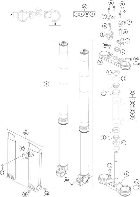 vue éclatée fourche téléscopique, té de fourche - ktm 85 sx 17/14 eu 2017