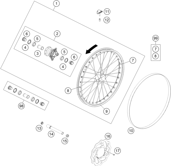 vue éclatée roue avant - ktm freeride 250 r eu 2017