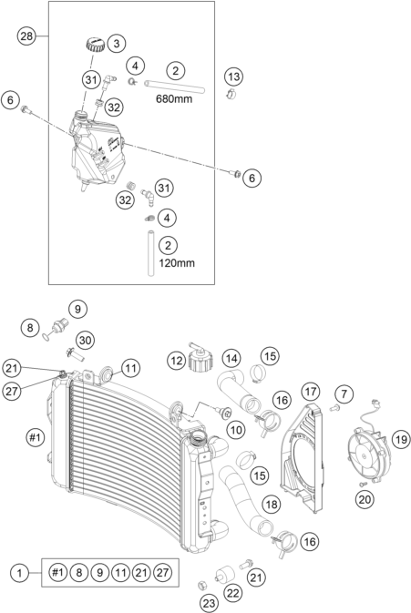 vue éclatée système de refroidissement - ktm 690 duke orange eu 2017