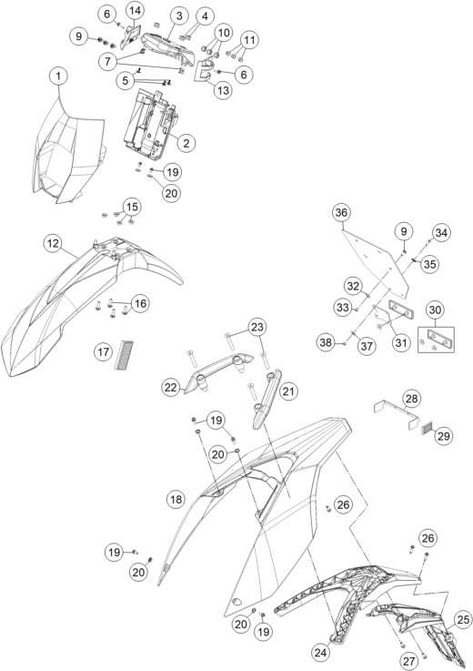 vue éclatée plaque, garde-boue - ktm 690 enduro r eu 2017