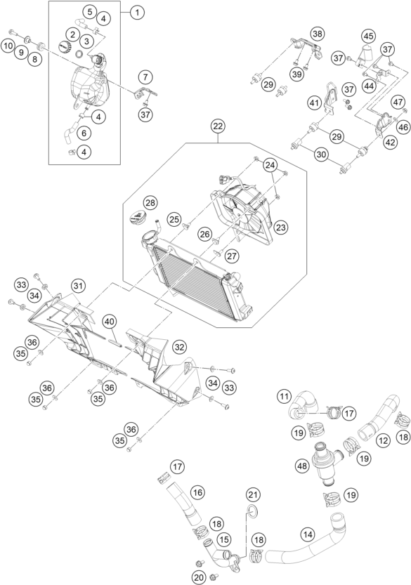 vue éclatée système de refroidissement - ktm 390 duke, orange 17 th 2017