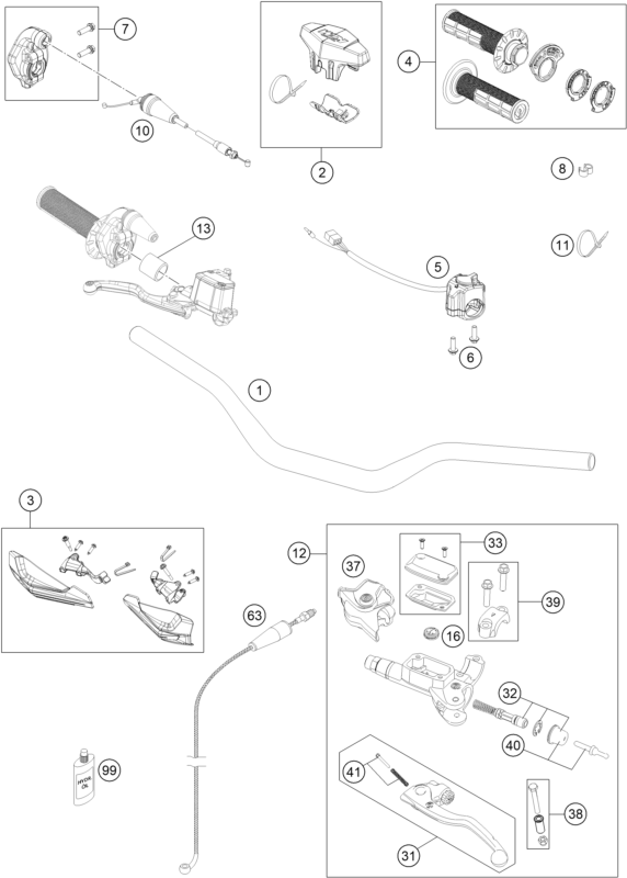 vue éclatée guidon, armatures - ktm 125 xc-w eu 2017