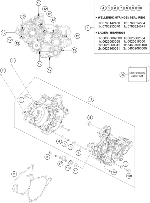 vue éclatée carter moteur - ktm 125 xc-w eu 2017