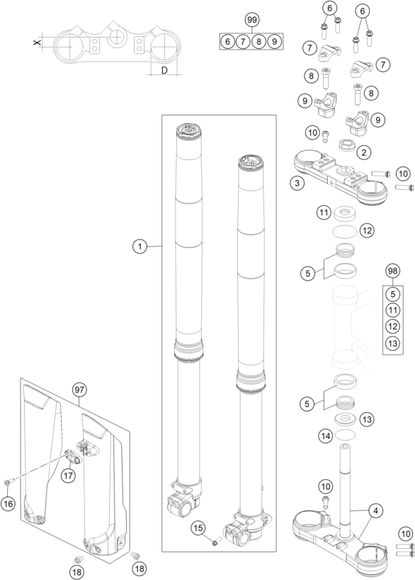 vue éclatée fourche téléscopique, té de fourche - ktm 85 sx 19/16 eu 2018
