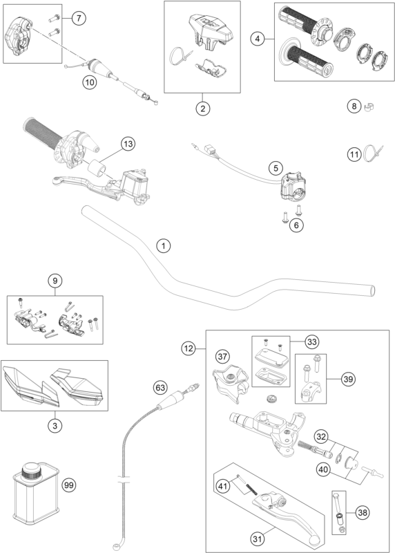 vue éclatée guidon, armatures - ktm 125 xc-w eu 2018