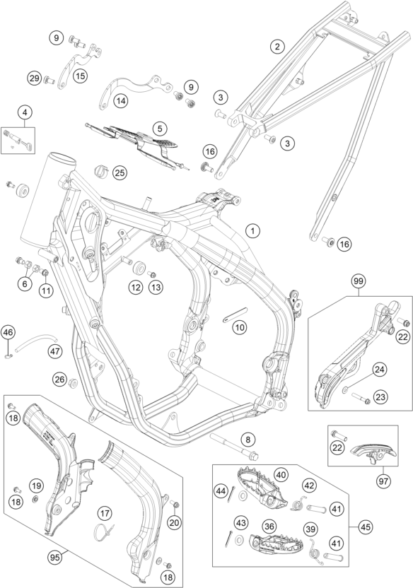 vue éclatée cadre - ktm 250 exc tpi eu 2018