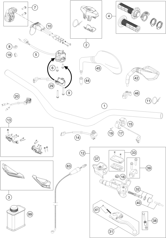 vue éclatée guidon, armatures - ktm 300 exc six days tpi eu 2018