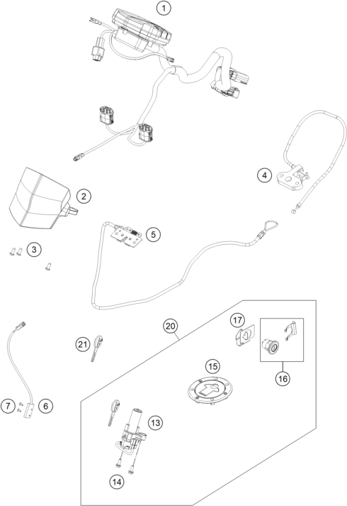 vue éclatée instruments / système de verrouillage - ktm rc 200,white w/o abs - ckd 17 ph 2017