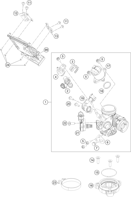 vue éclatée corps du clapet d'étranglement - ktm rc 200,white w/o abs - ckd 17 ph 2017