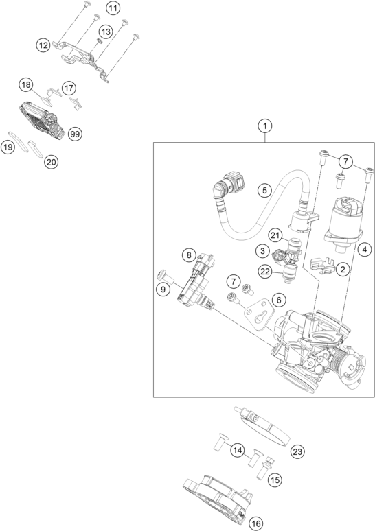 vue éclatée corps du clapet d'étranglement - ktm rc 125, orange eu 2018