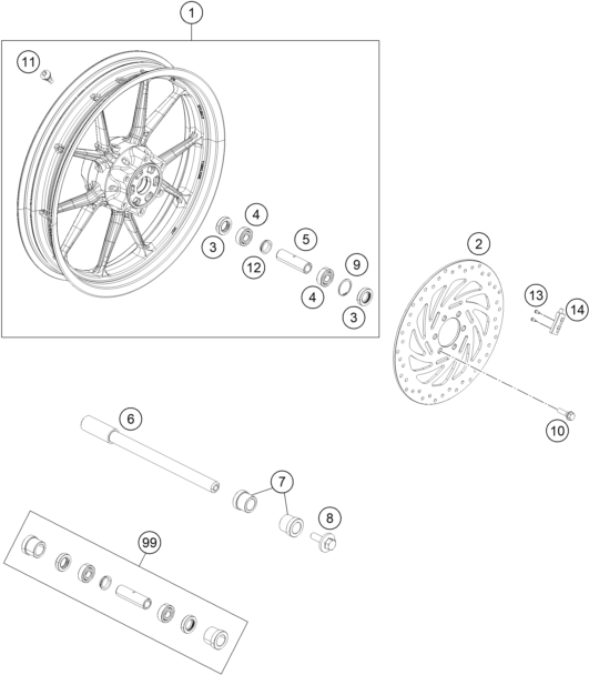 vue éclatée roue avant - ktm 250 duke, white w/o abs-ckd co 2018